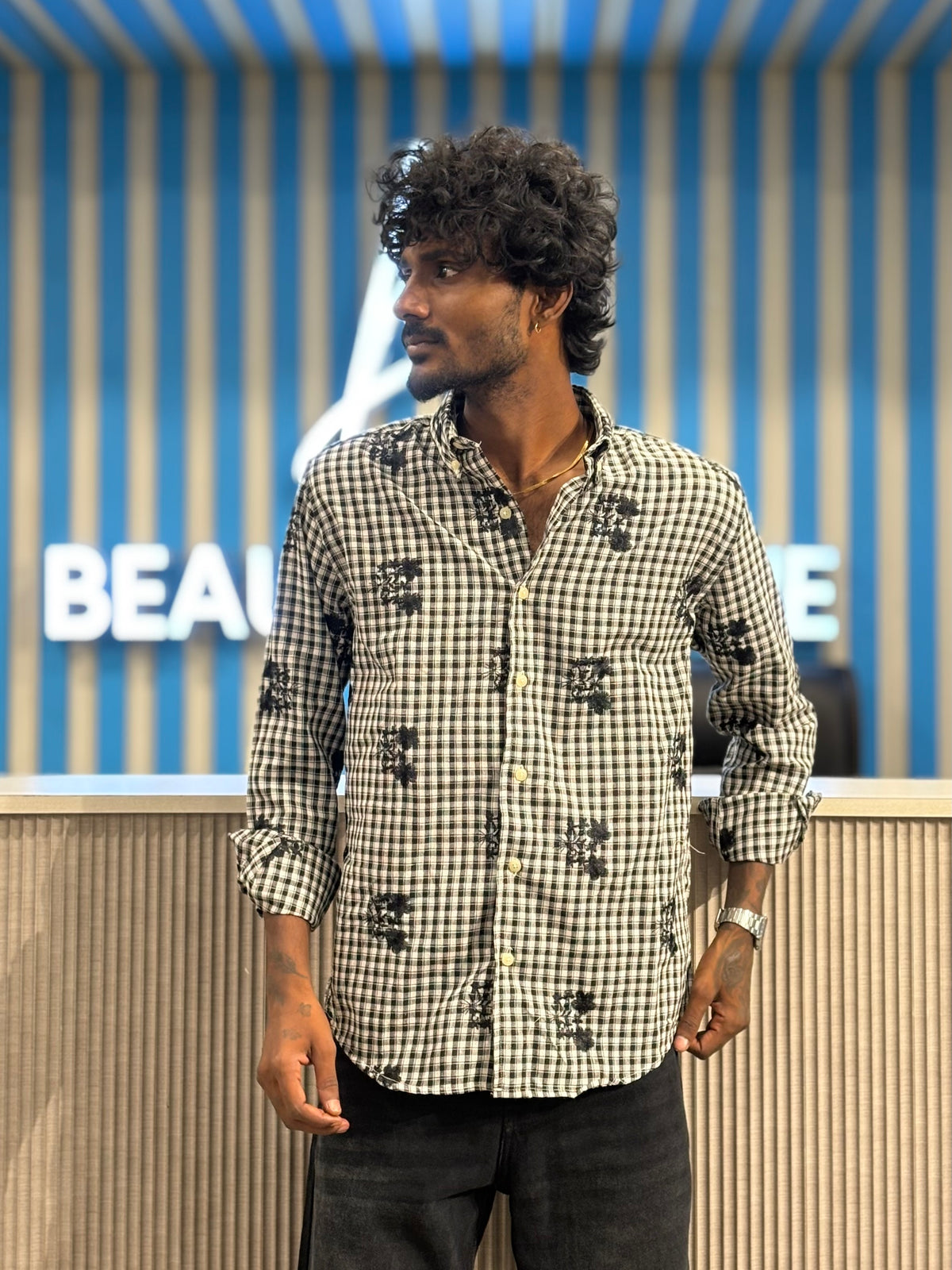 Black Embroidery Checked Shirt