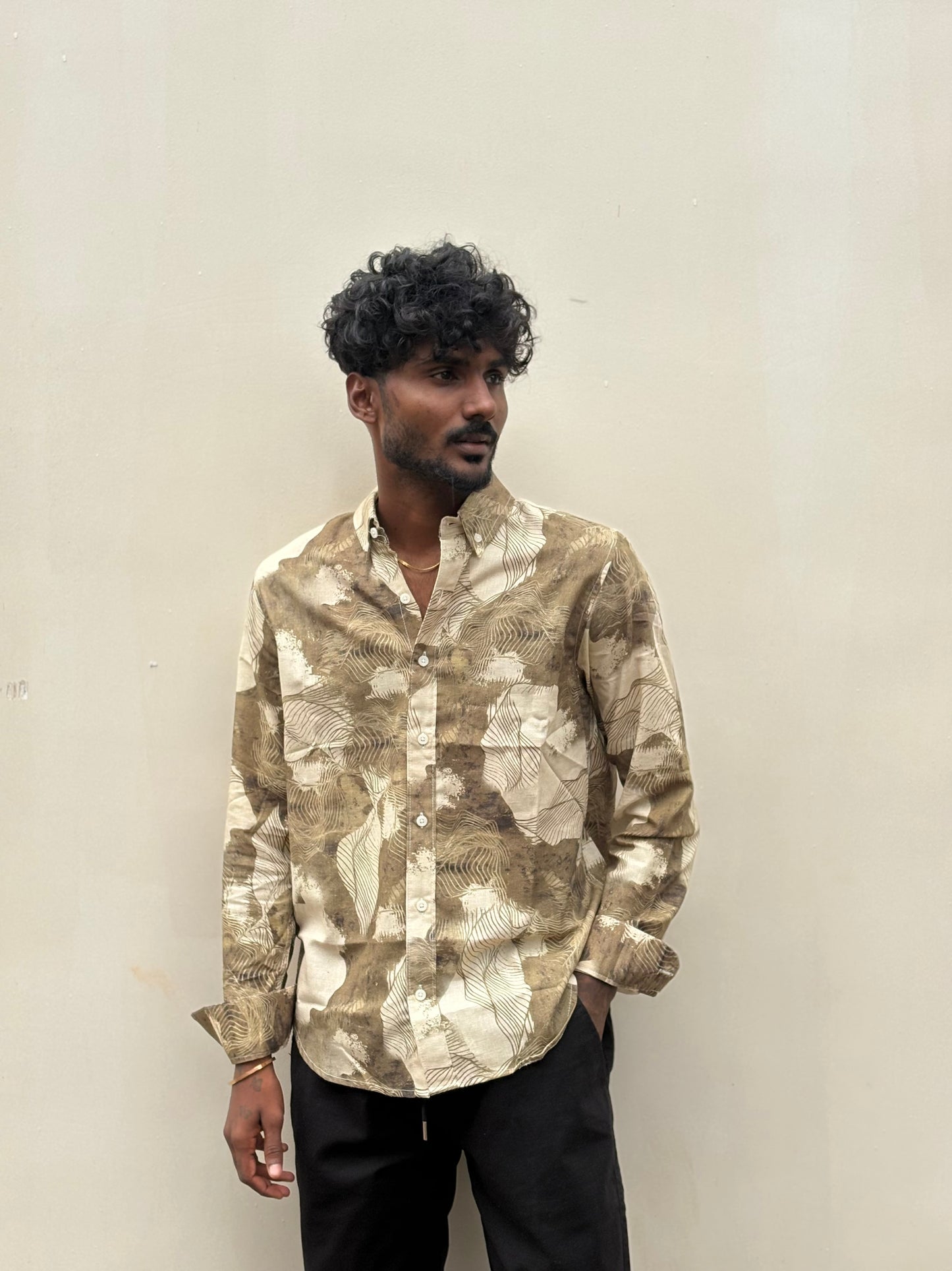 Beige And Green Linen Printed Shirt