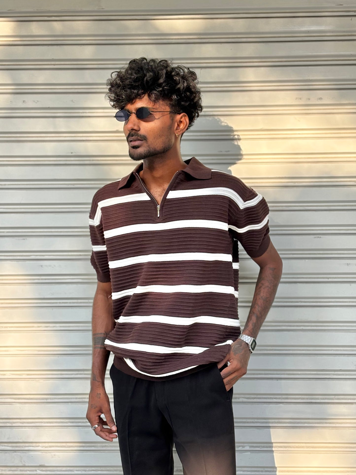 Brown Zipper Polo Tshirt