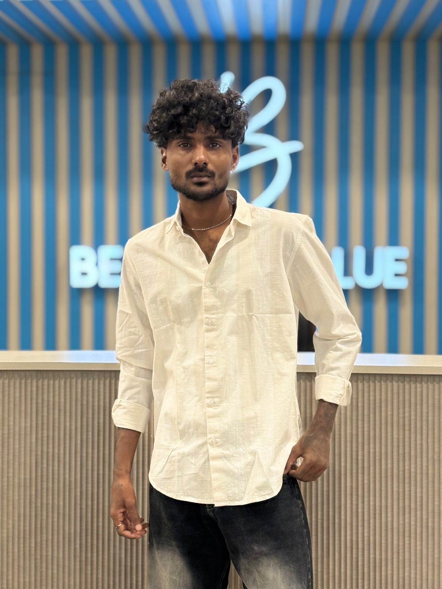 White And Beige Linen Striped Shirt