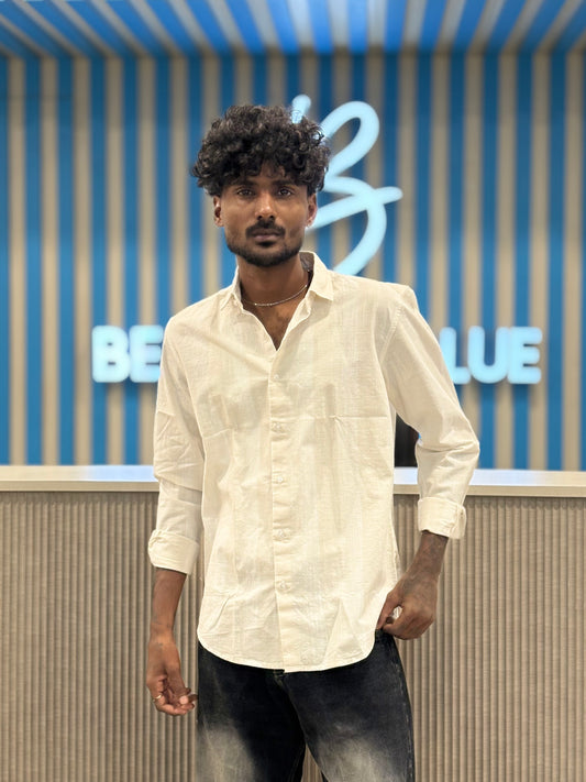 White And Beige Linen Striped Shirt