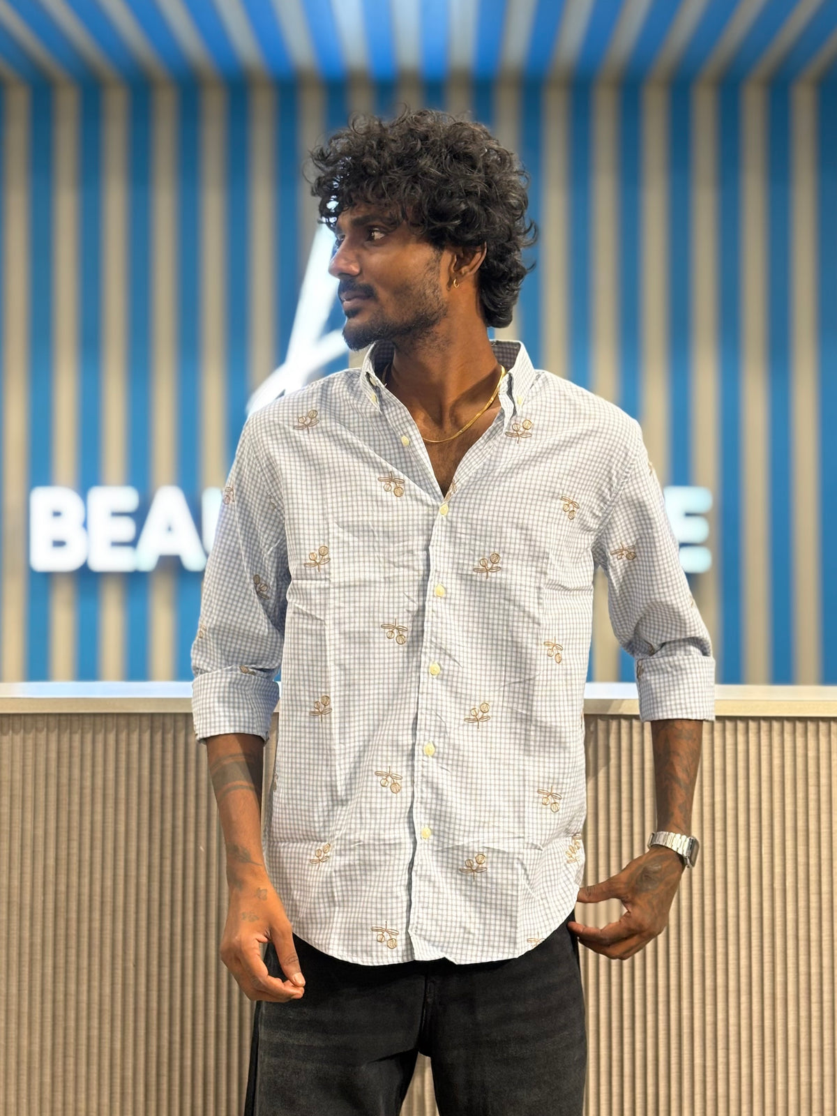 White Embroidery Checked Shirt