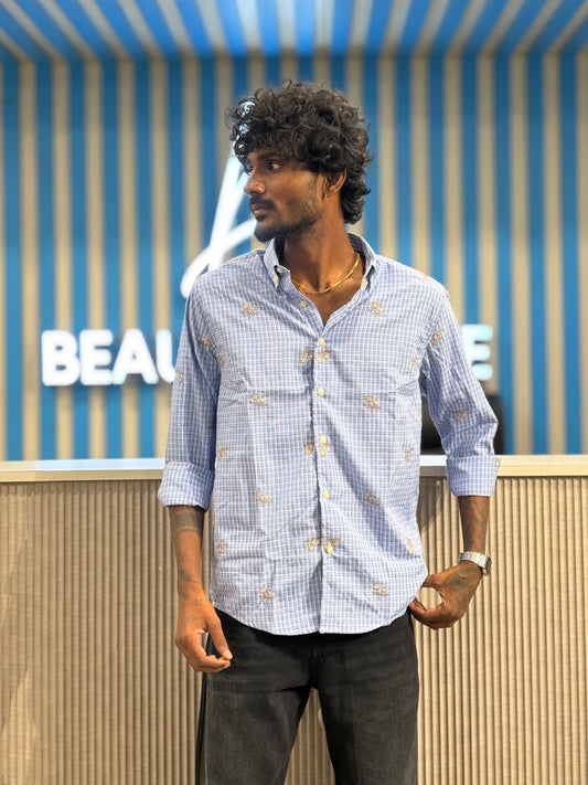 Blue Embroidery Checked Shirt