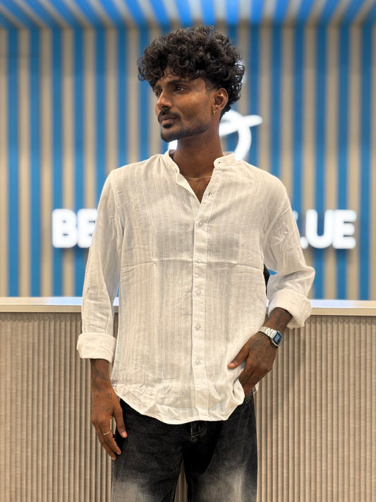 White Linen Self Striped Mandarin Collar Shirt