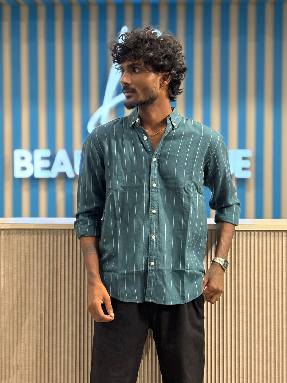 Teal Green Linen Striped Shirt
