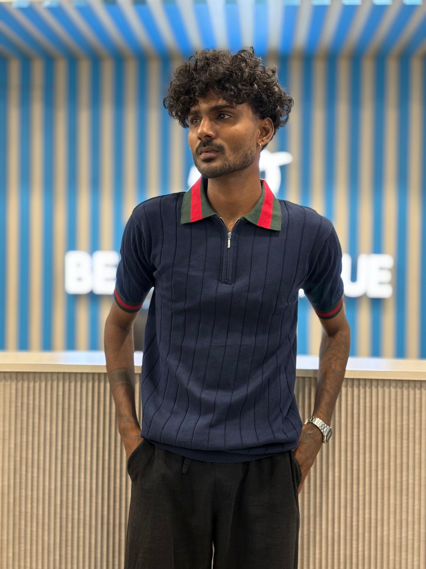 Navy Blue Zipper Polo Tshirt
