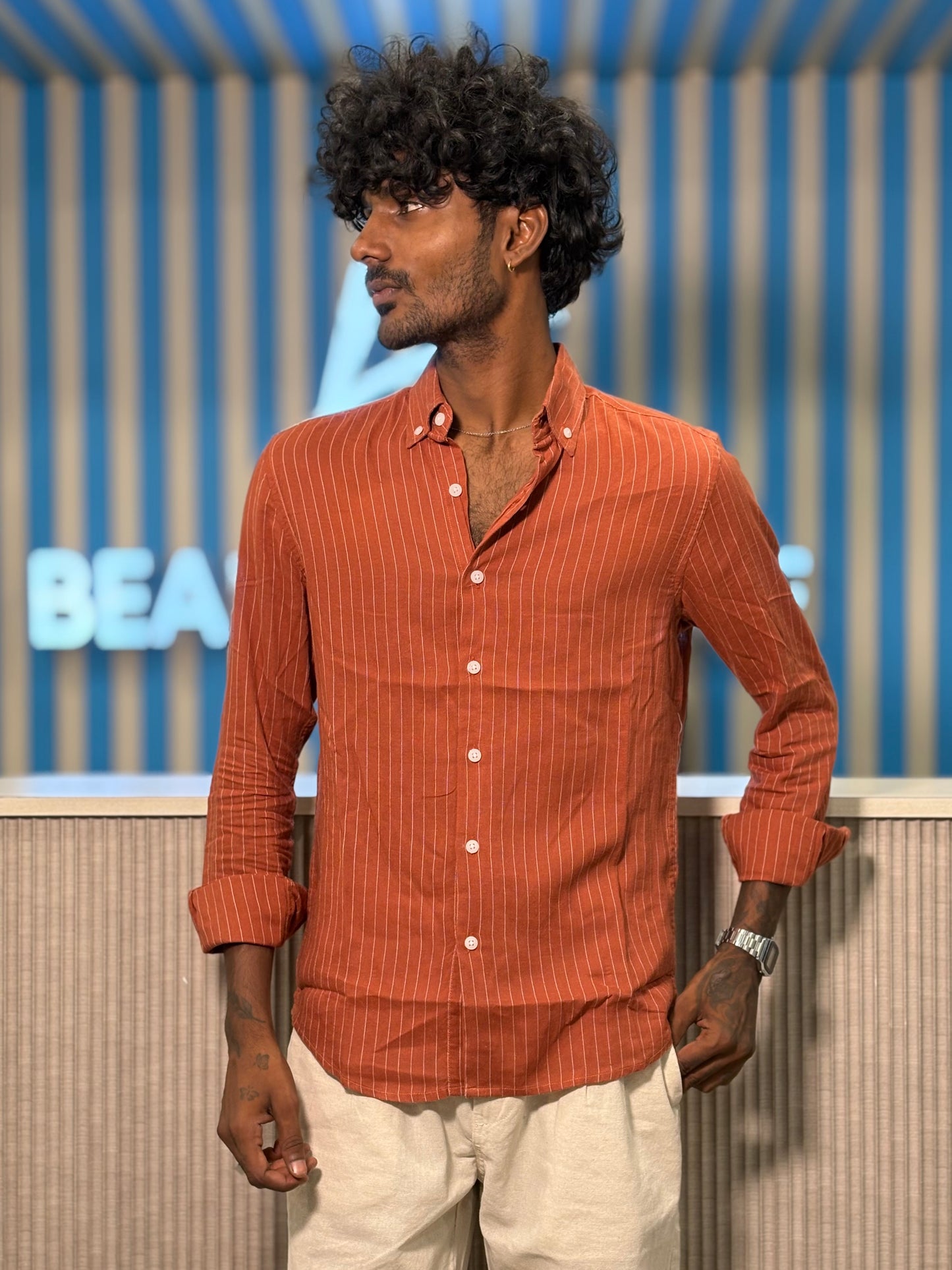 Orange Linen Striped Shirt
