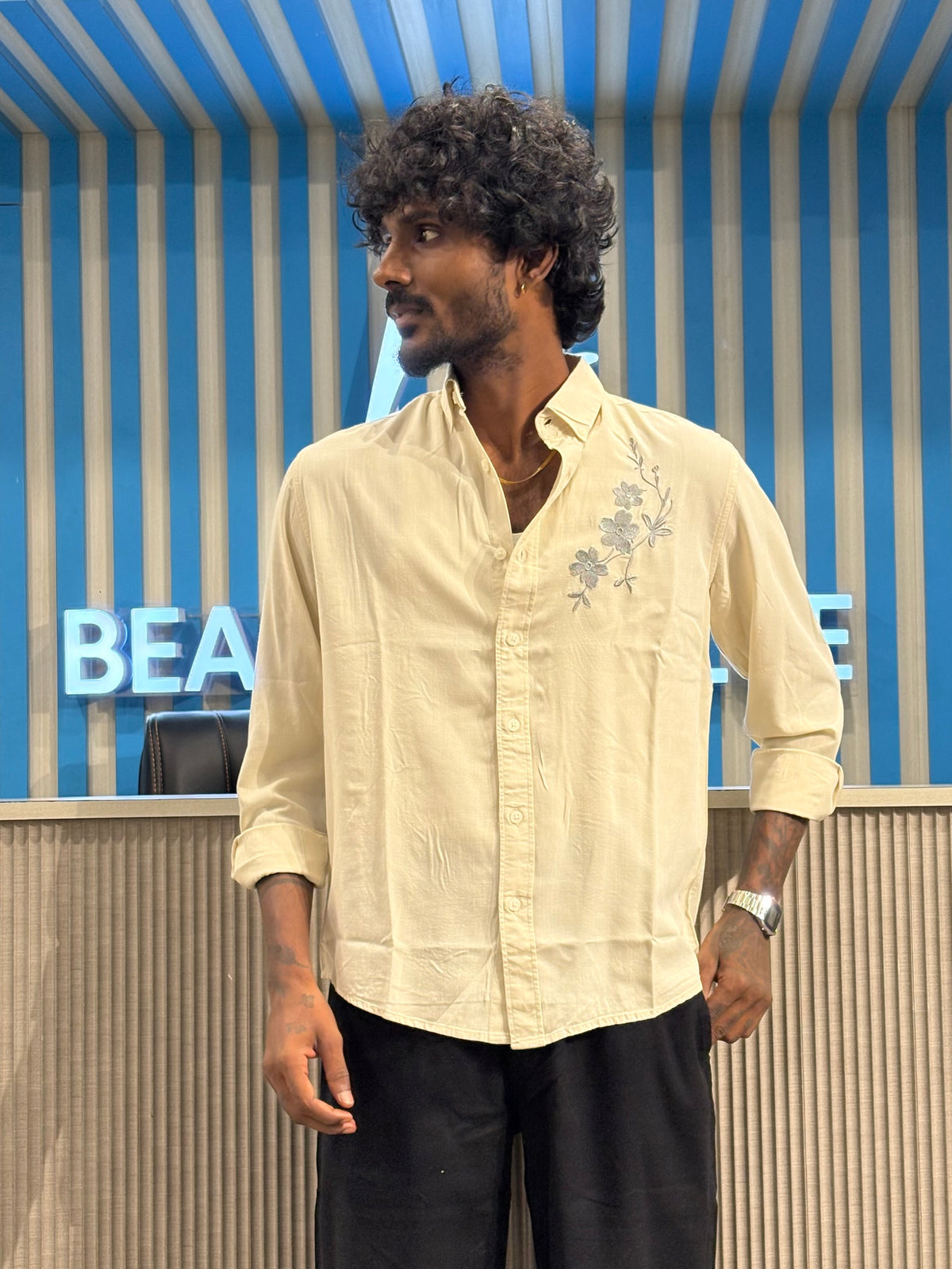Off White Chest Embroidery Shirt