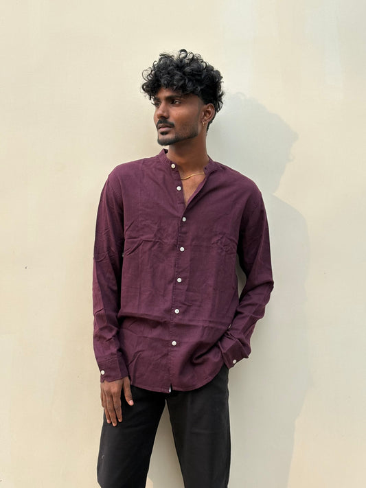 Wine Linen Mandarin Collar Shirt