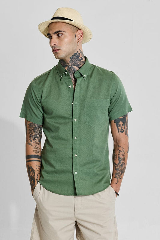 Green Linen Blend Slim Fit Shirt