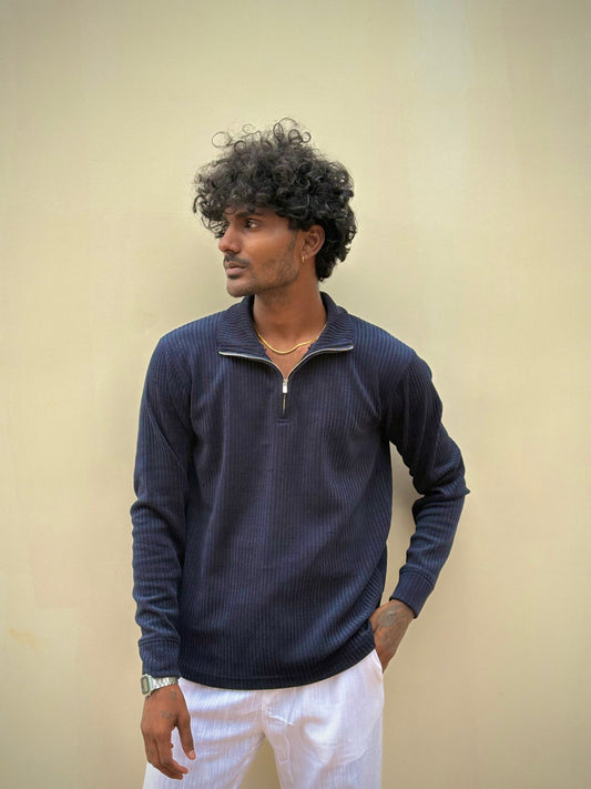 Navy Blue Zipper Polo Full Sleeve Tshirt