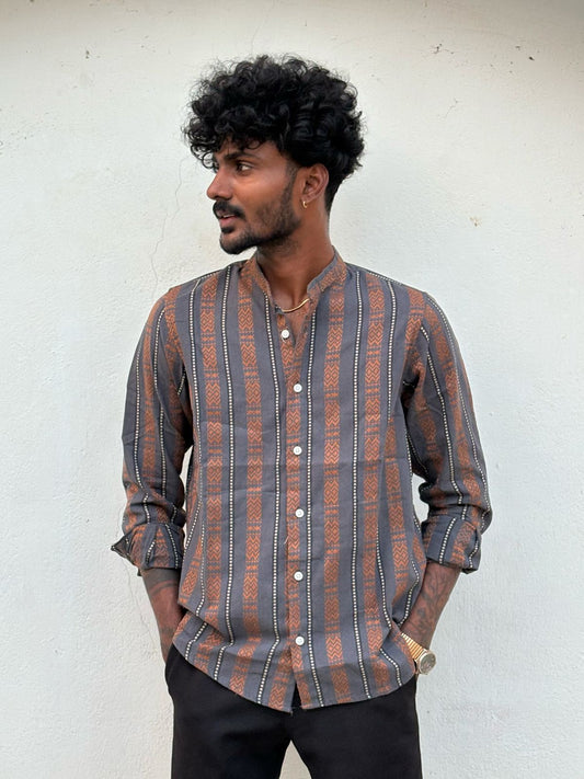 Grey And Brown Mandarin Collar Shirt