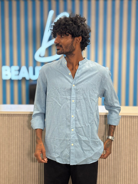 Light Blue Linen Mandarin Collar Shirt