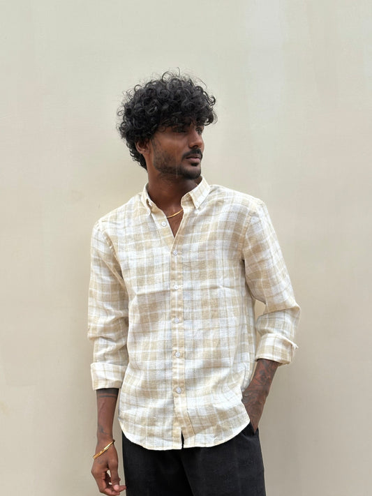 White And Beige Checked Linen Shirt