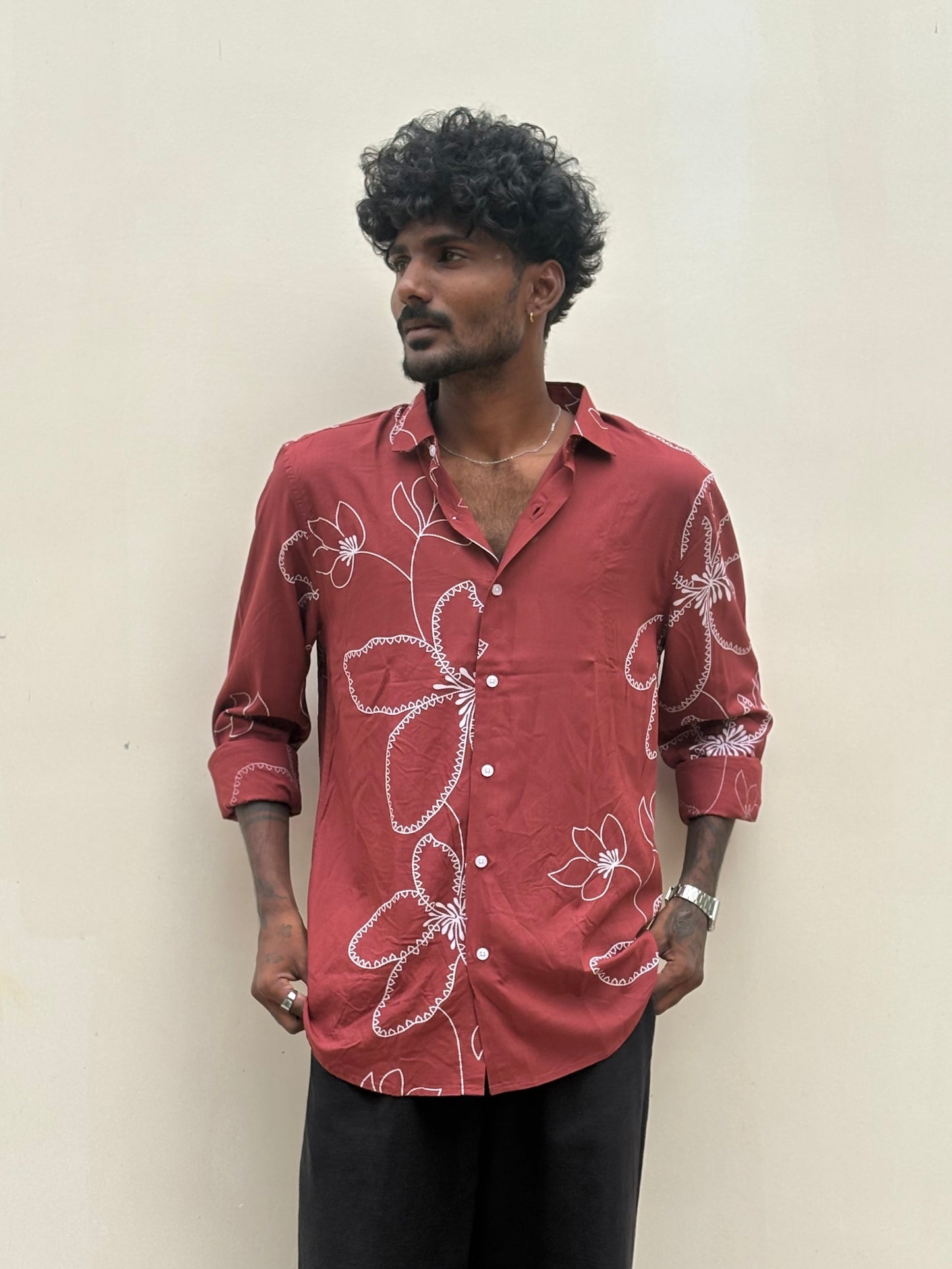 Creased Red Rayon Viscose Printed Shirt