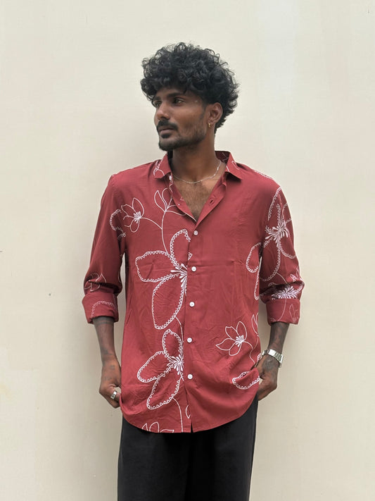 Creased Red Rayon Viscose Printed Shirt