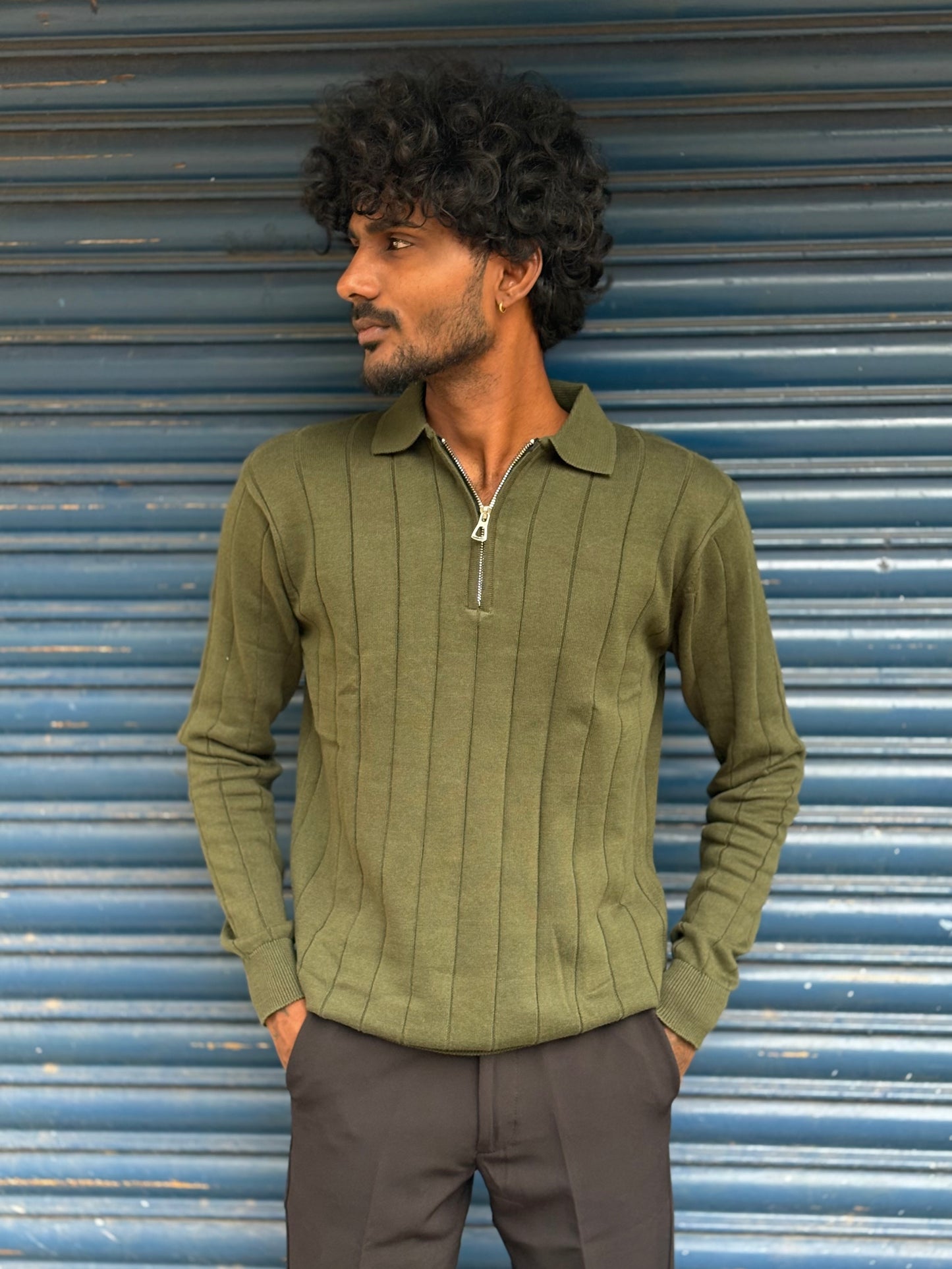 Green Zipper Polo Full Sleeve Tshirt
