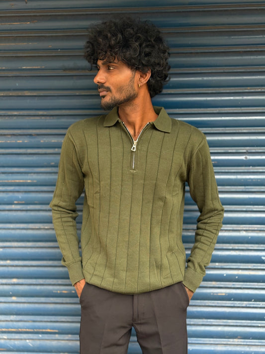 Green Zipper Polo Full Sleeve Tshirt