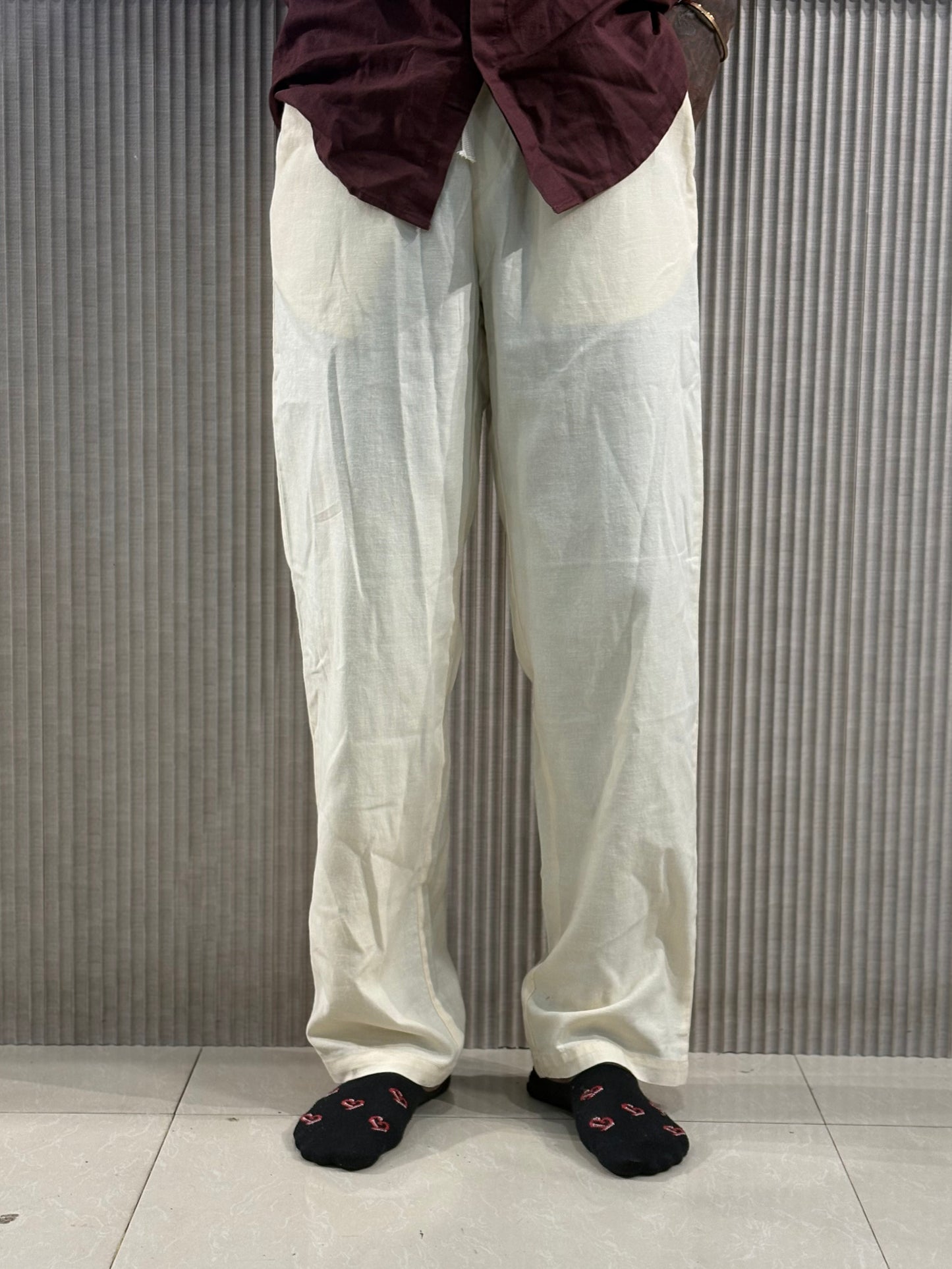 Off White Linen Relaxed Fit Draw String Pants