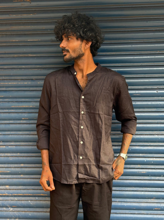 Black Linen Mandarin Collar Shirt