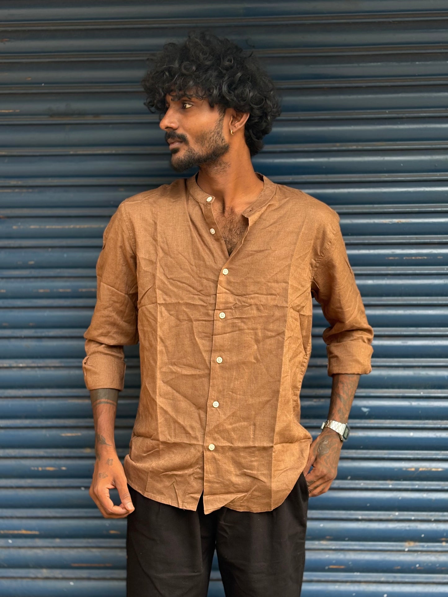 Beige Linen Mandarin Collar Shirt