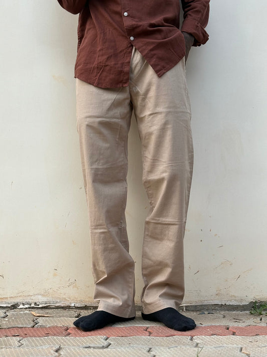 Beige Linen Relaxed Fit Draw String Pants