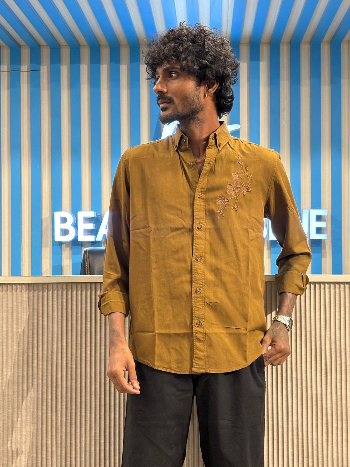 Brown Chest Embroidery Shirt