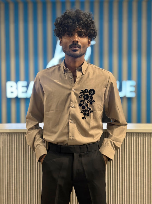 Beige Velvet Embroidery Designer Shirt