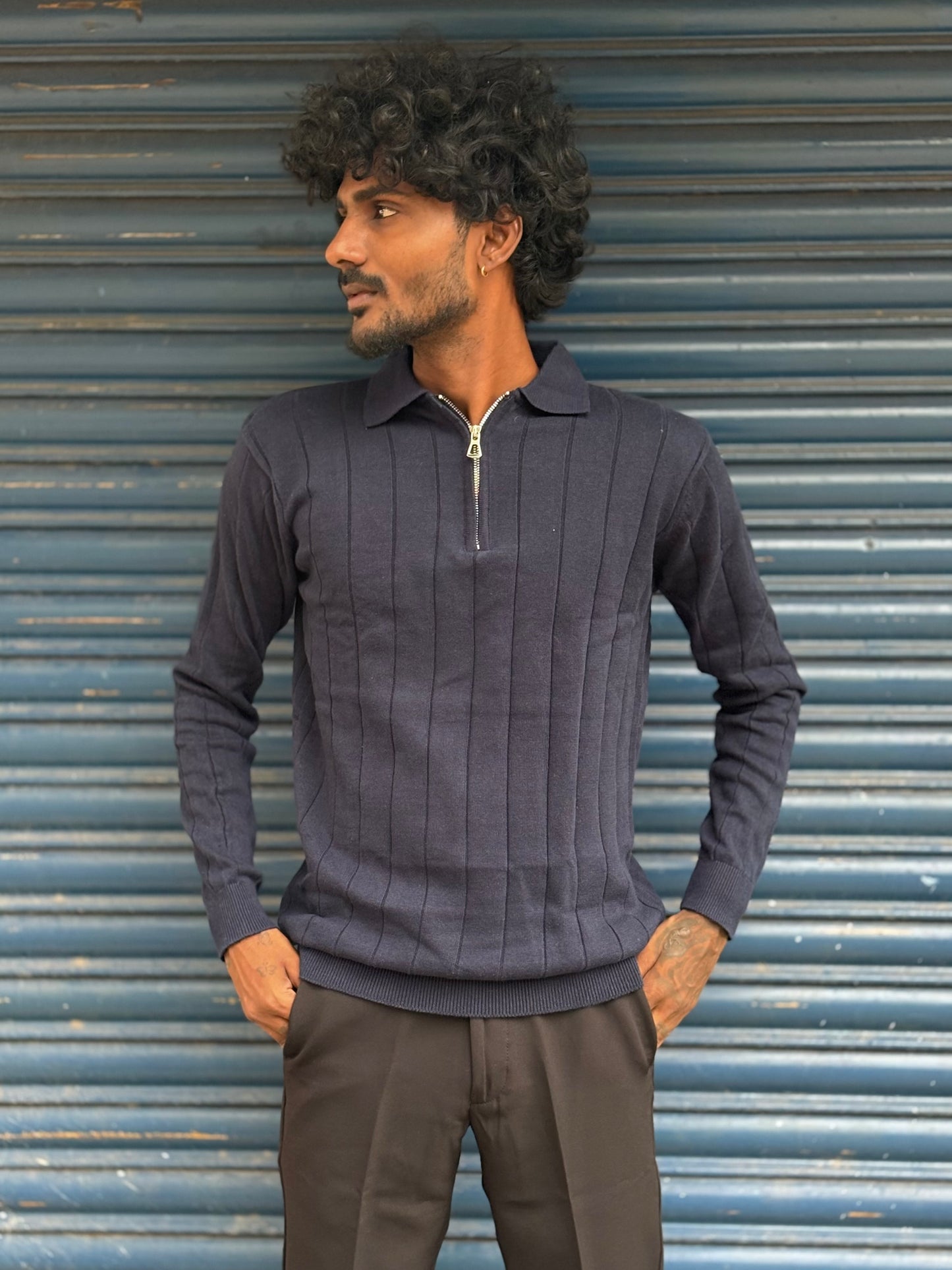 Blue Zipper Polo Full Sleeve Tshirt