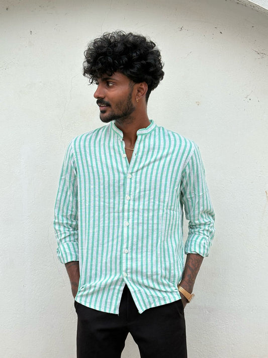 White And Green Mandarin Collar Shirt