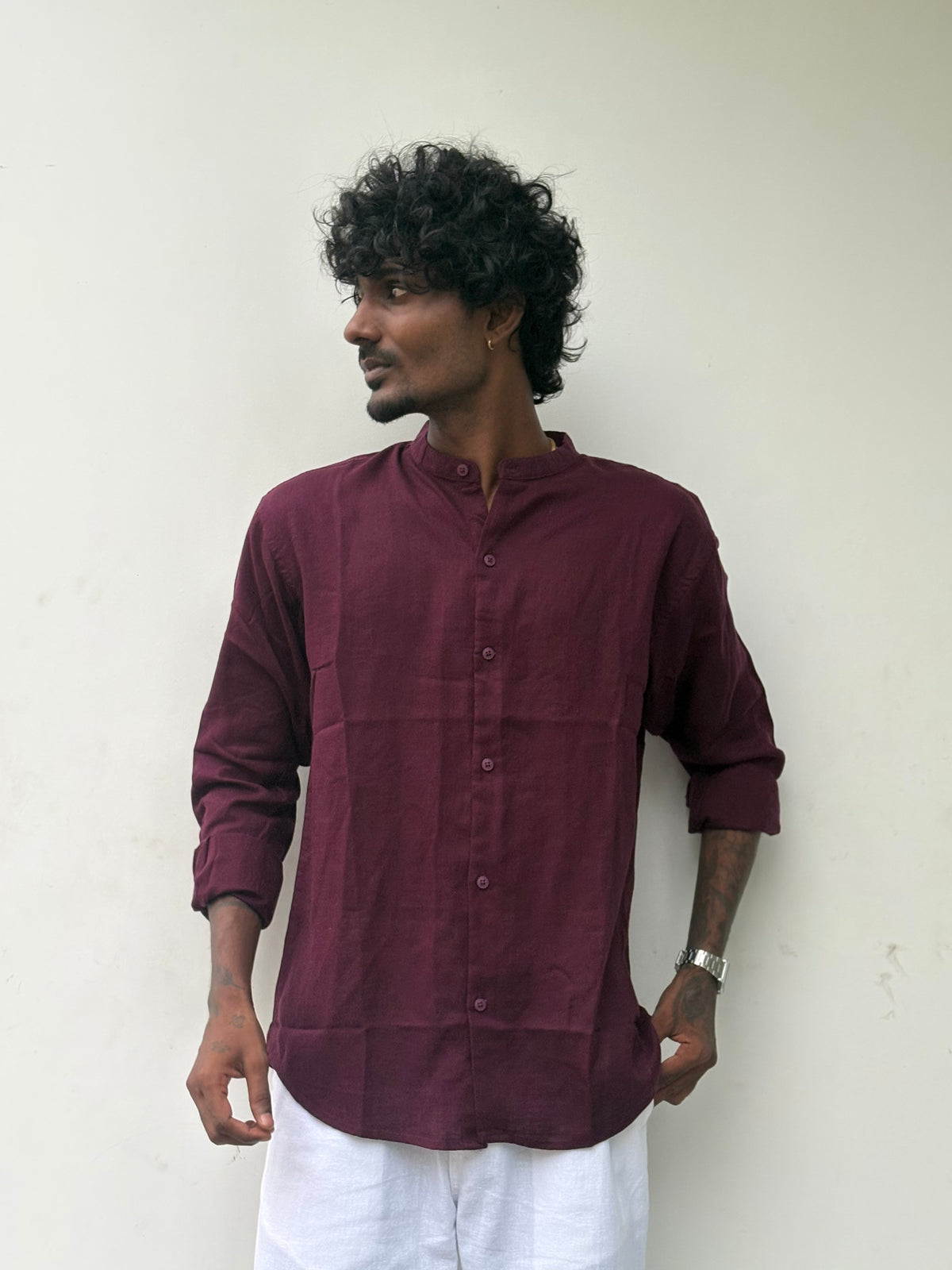 Maroon Linen Mandarin Collar Shirt