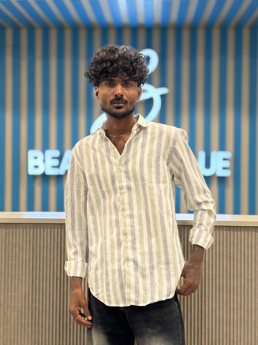 Green And Purple Linen Striped Shirt