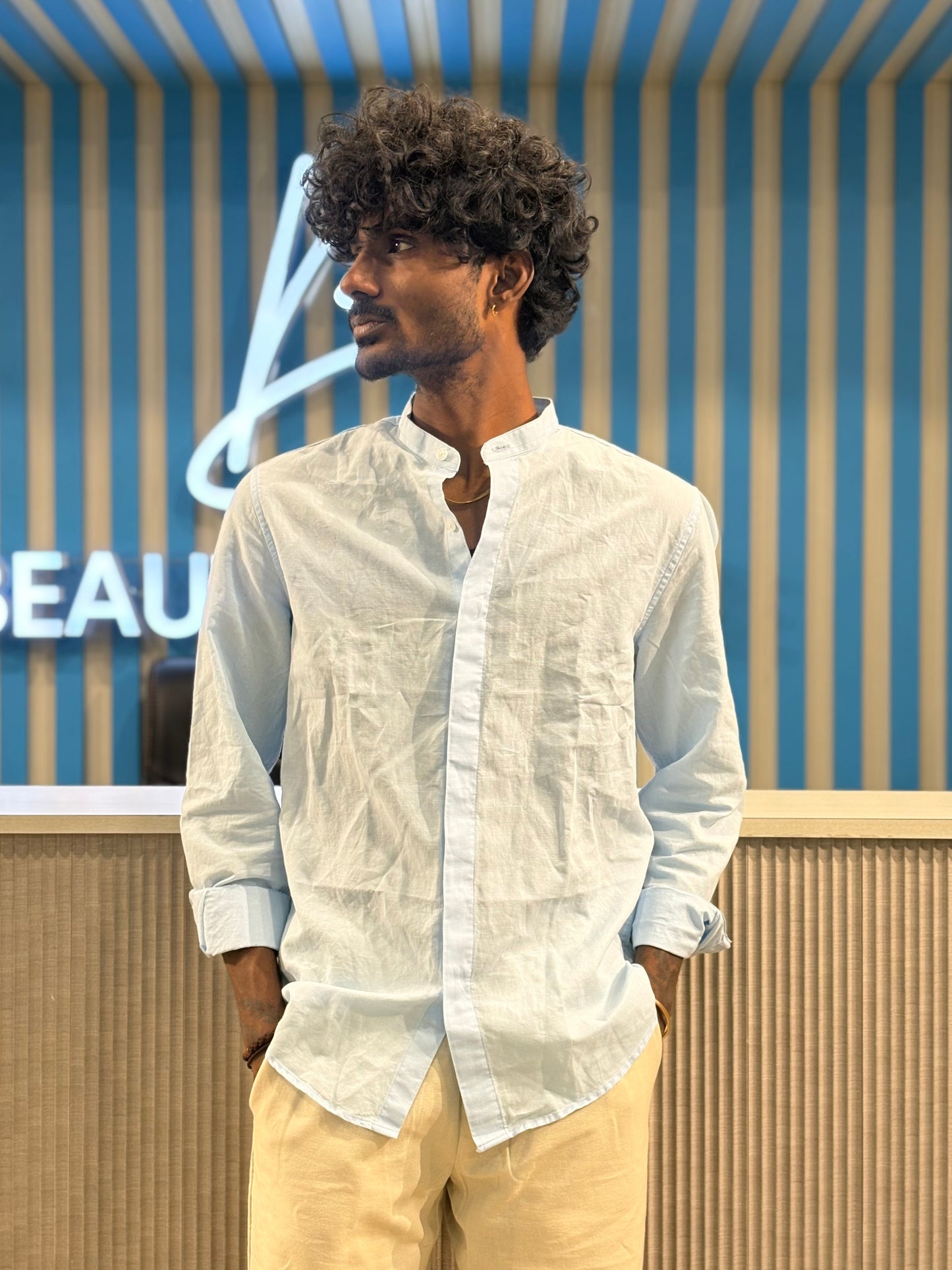 Light Blue Linen Mandarin Collar Shirt