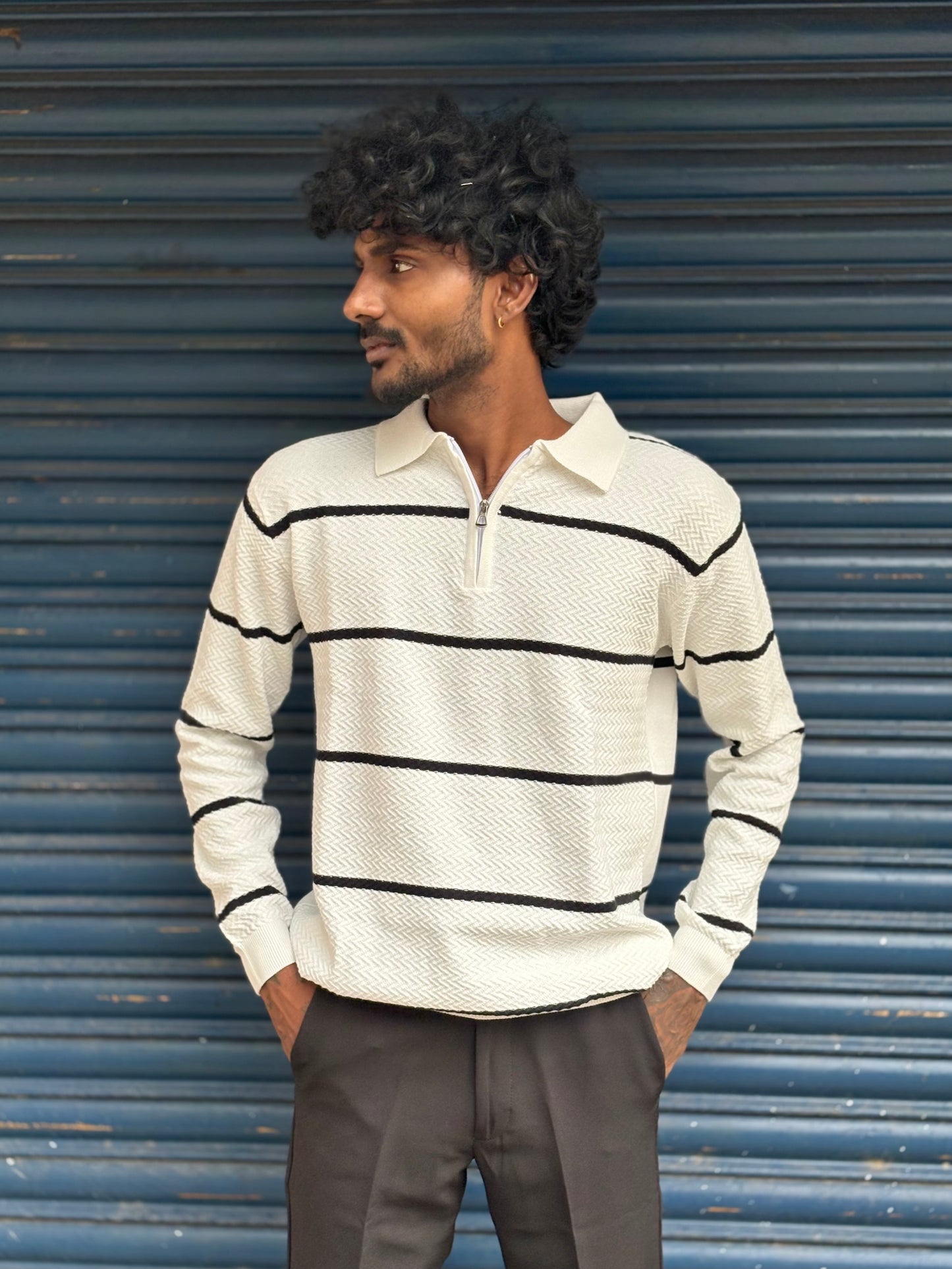 White Zipper Polo Full Sleeve Tshirt