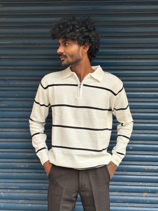 White Zipper Polo Full Sleeve Tshirt