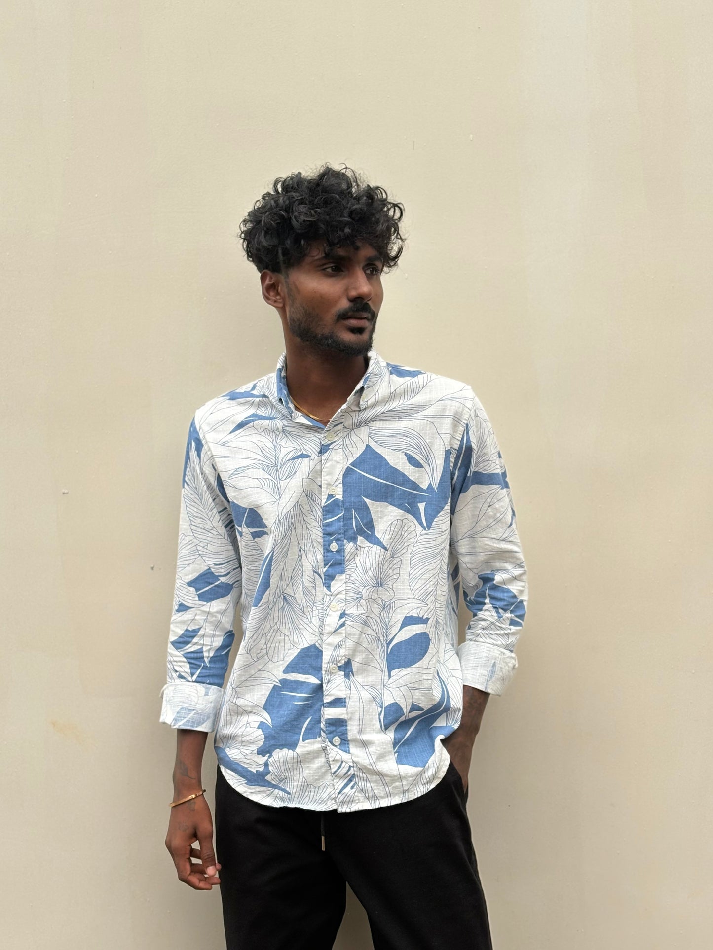 White And Blue Linen Printed Shirt