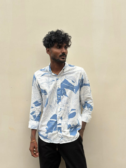 White And Blue Linen Printed Shirt