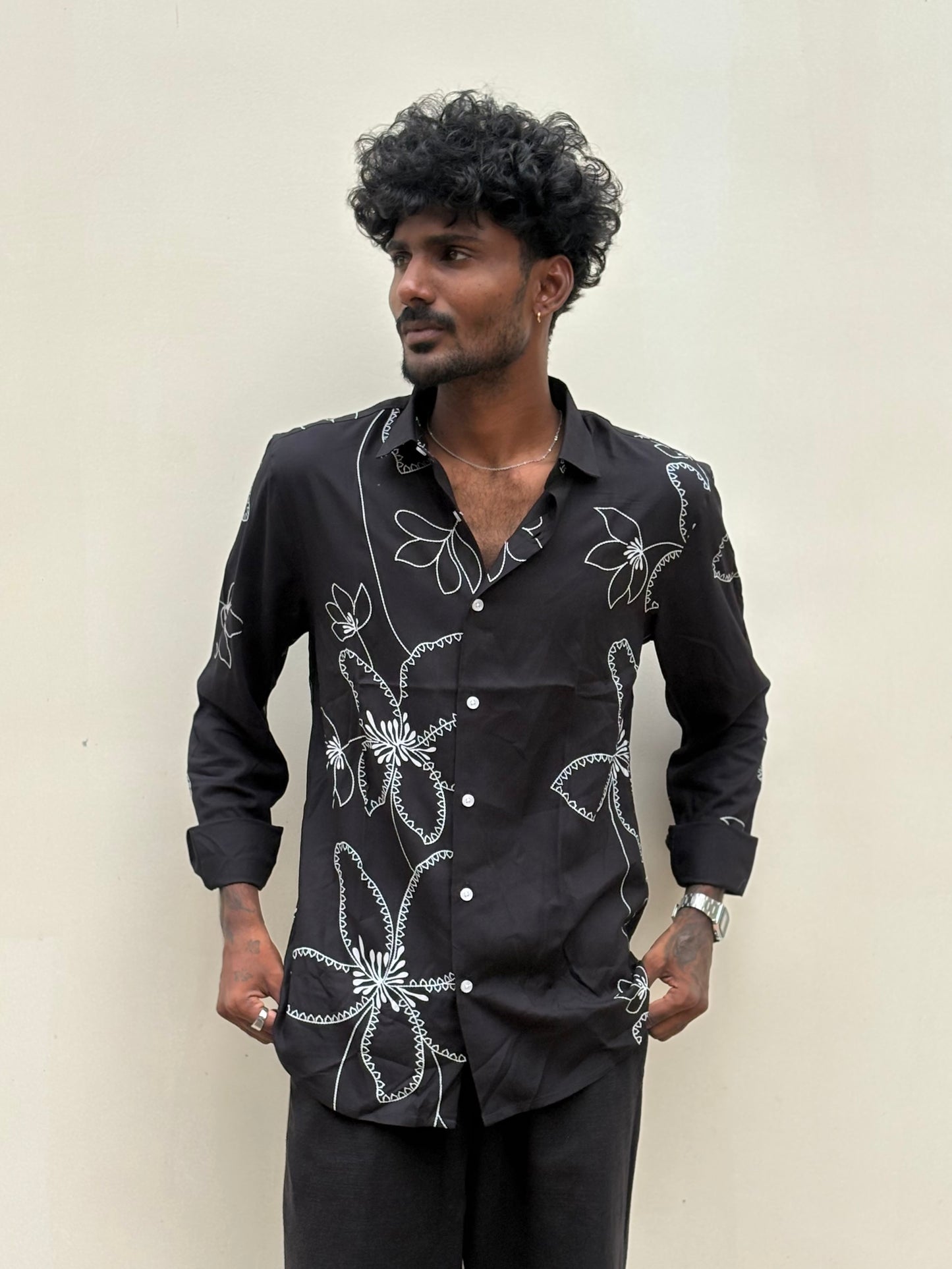 Black Rayon Viscose Printed Shirt