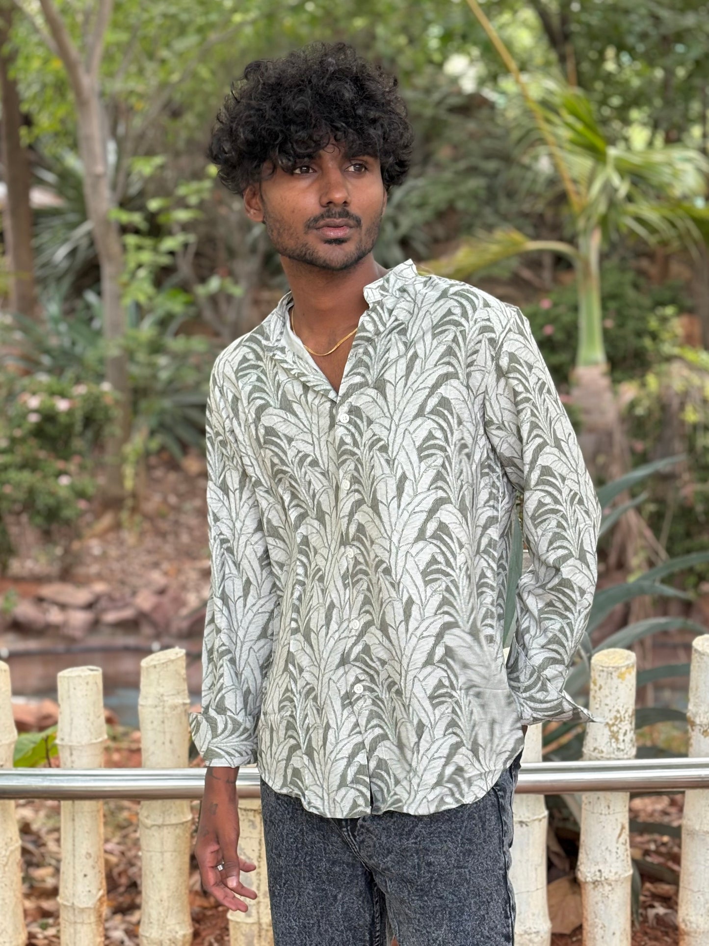 Green Mandarin Collar Shirt