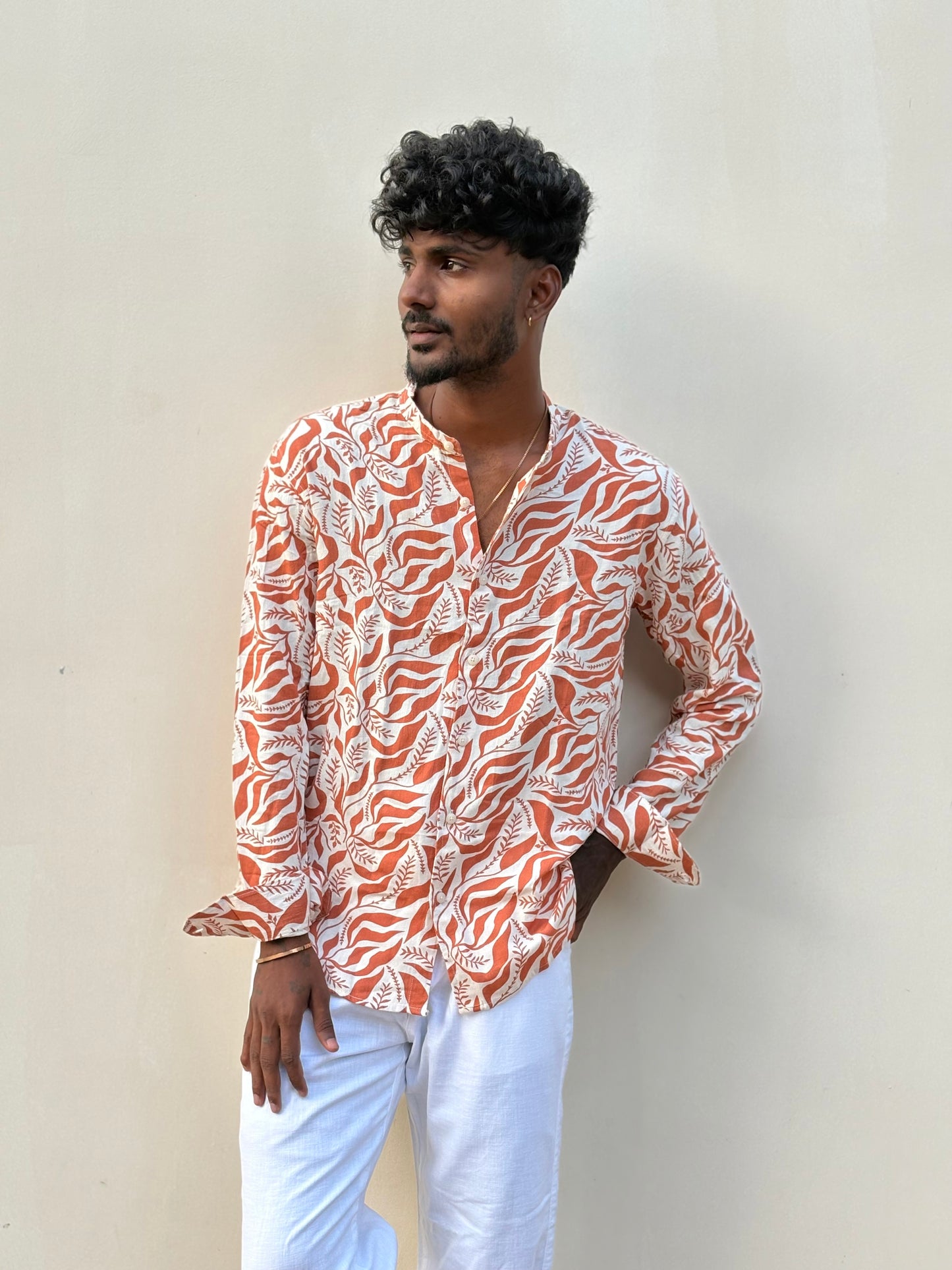 Orange Linen Mandarin Collar Shirt