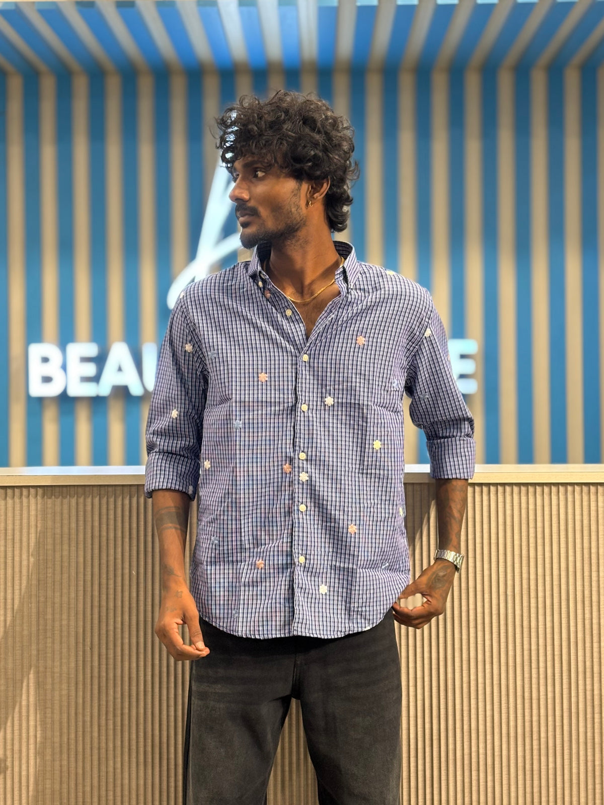 Blue Embroidery Checked Shirt