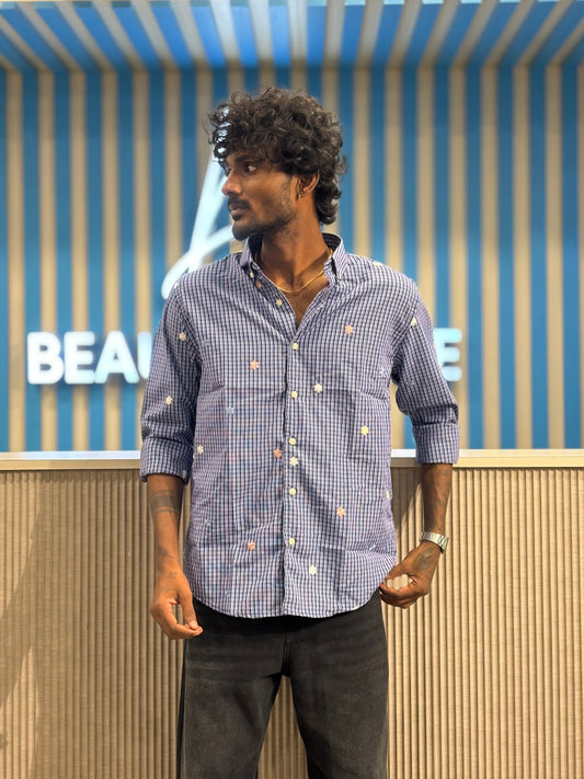 Blue Embroidery Checked Shirt