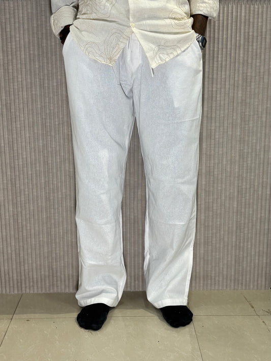 White Linen Relaxed Fit Draw String Pants