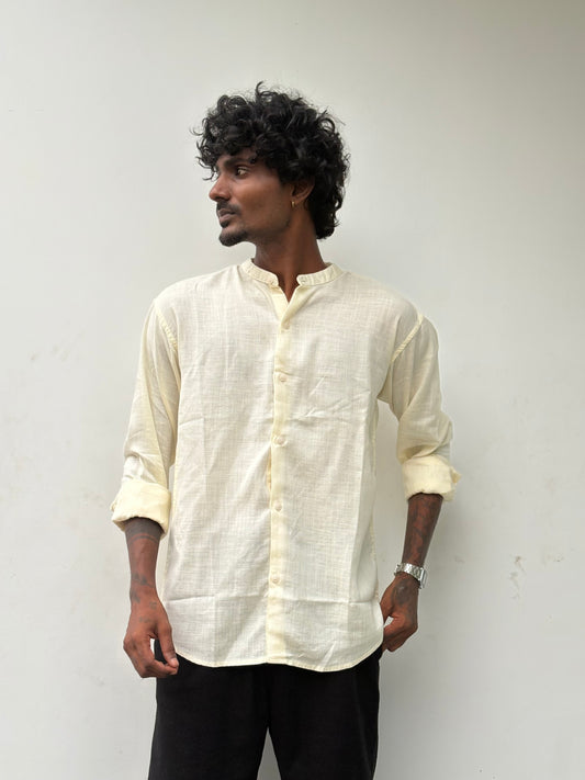 Yellow Linen Mandarin Collar Shirt