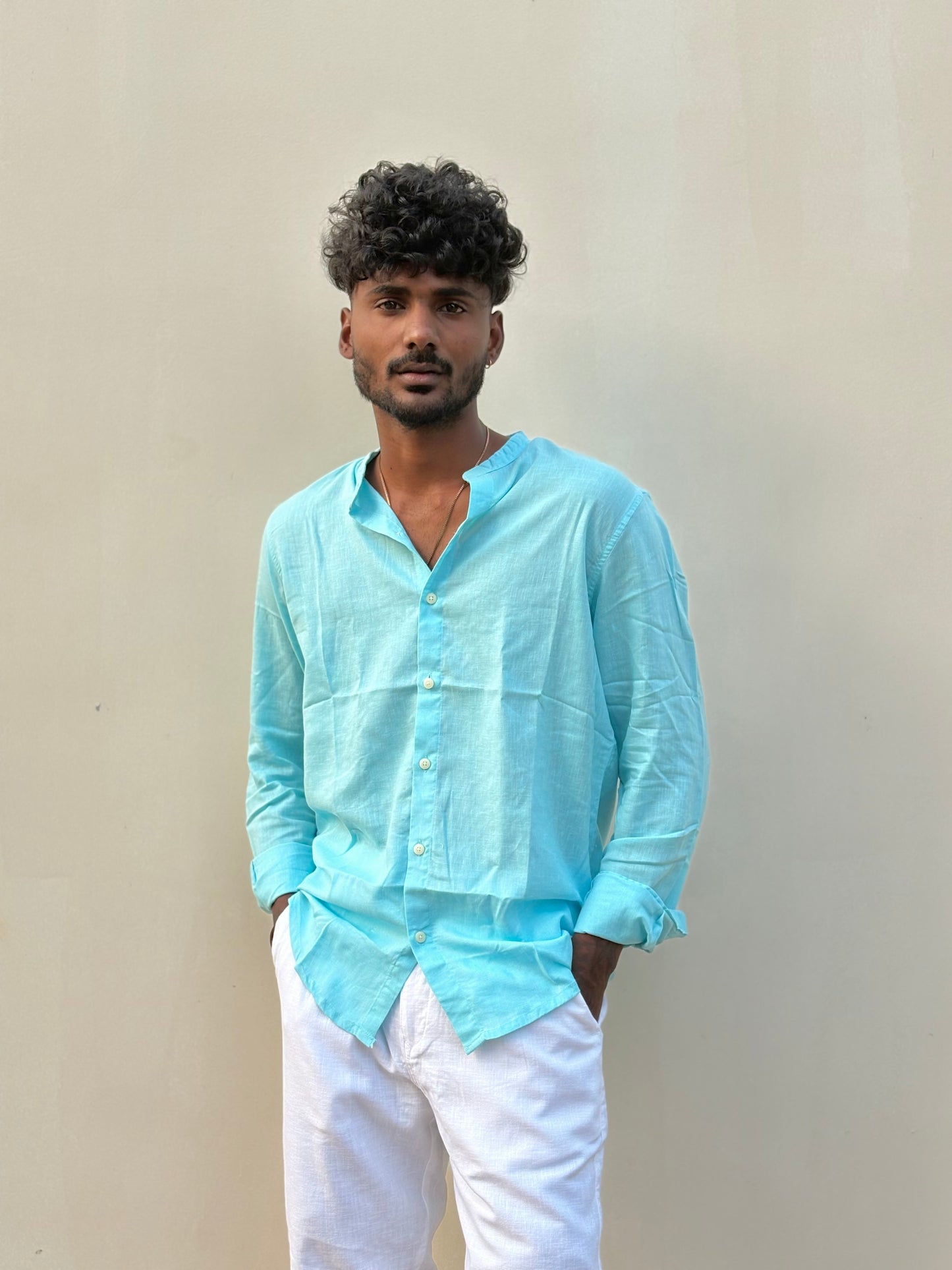 Ice Blue Linen Mandarin Collar Shirt
