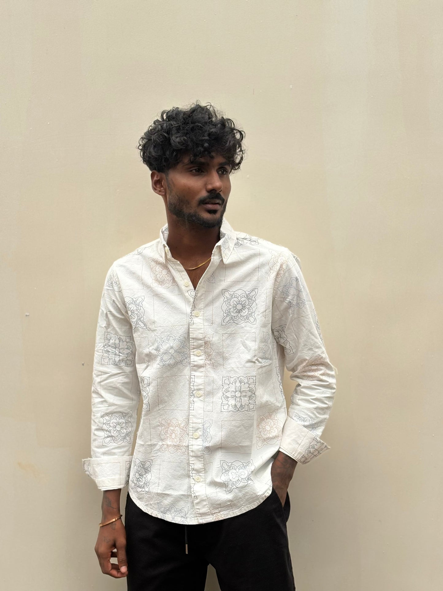 Off White Linen Printed Shirt