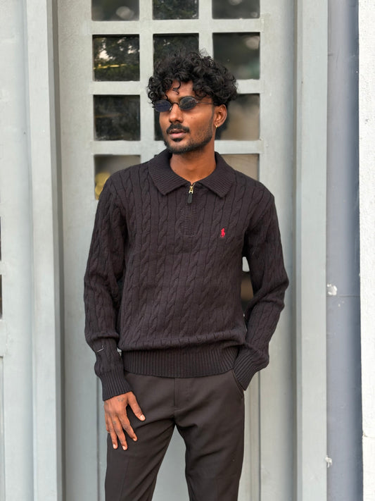 Black Zipper Polo Full Sleeve Tshirt