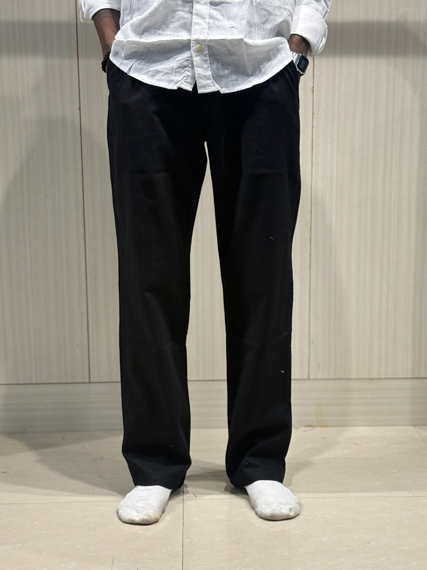 Black Linen Relaxed Fit Draw String Pants