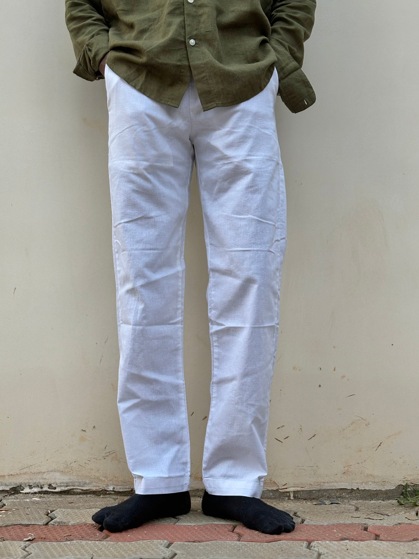 White Linen Relaxed Fit Draw String Pants