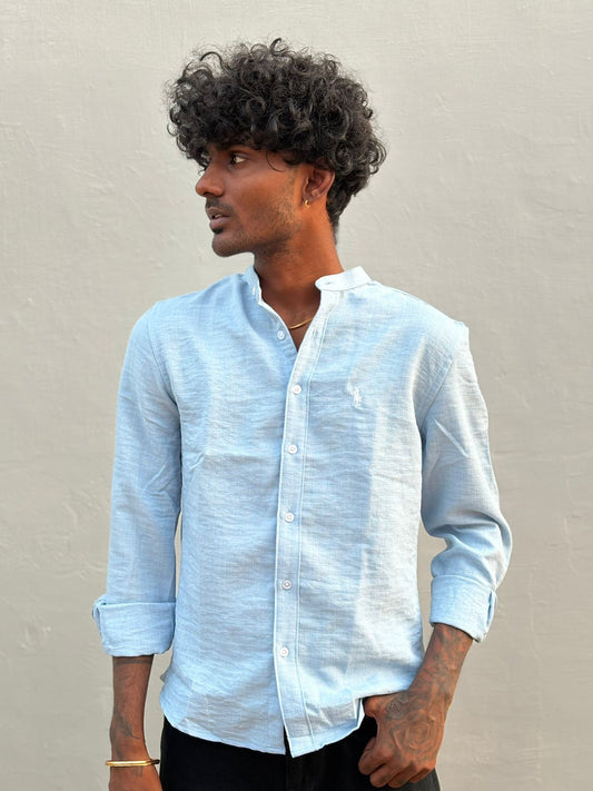 Light blue Linen Blended Mandarin Collar Shirt